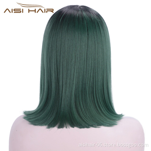 Aisi Hair Synthetic Silky Straight Lace Front Wigs Ombre Green Middle Part Lace Front Cosplay Bob Wigs for Women